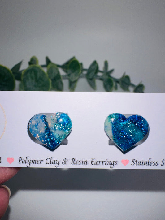 Sparkly Blue Marbled Heart Studs