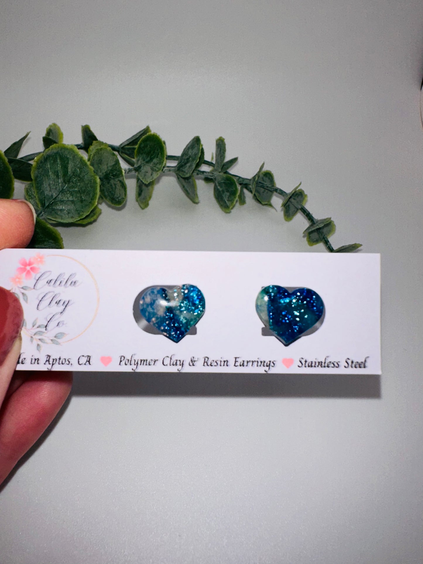 Sparkly Blue Marbled Heart Studs