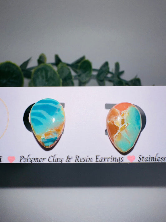 Marbled Pink and Blue Teardrop Abstract Ocean Studs