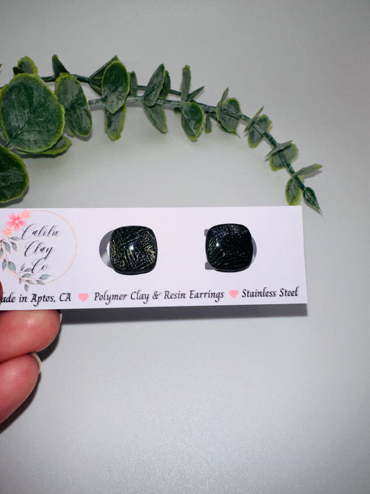 Black Rounded Square Studs with Shimmery Leaf Pattern