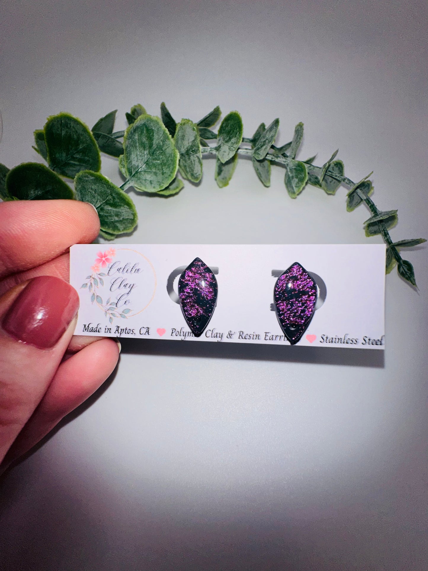 Black with Pink Shimmer Teardrop Studs
