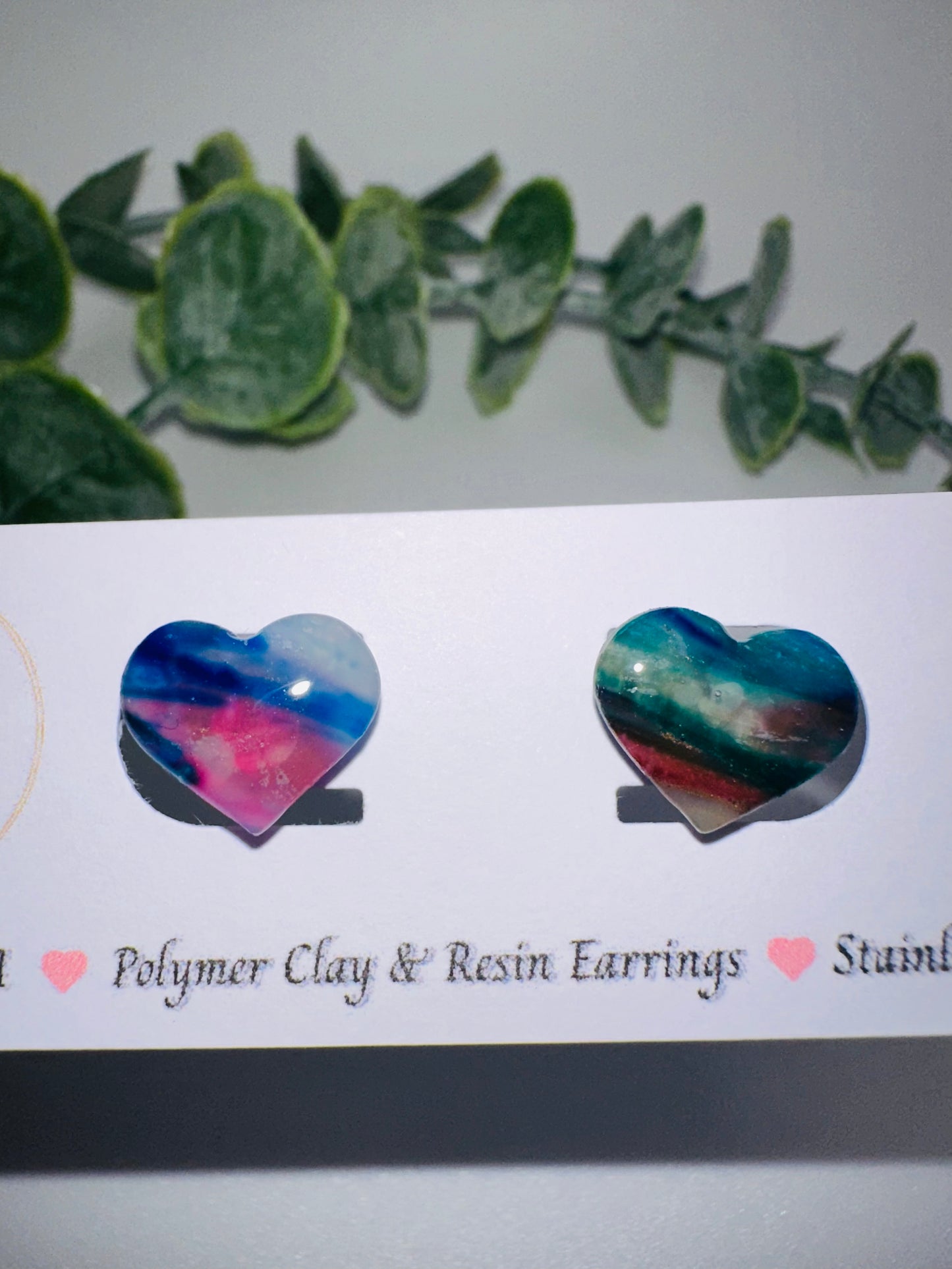Pink and Blue Marbled Heart Studs
