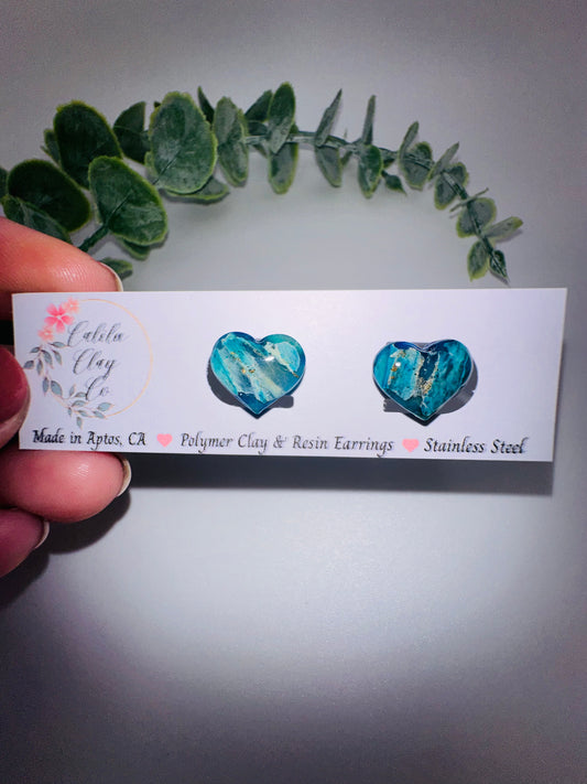 Ocean Marbled Heart Studs