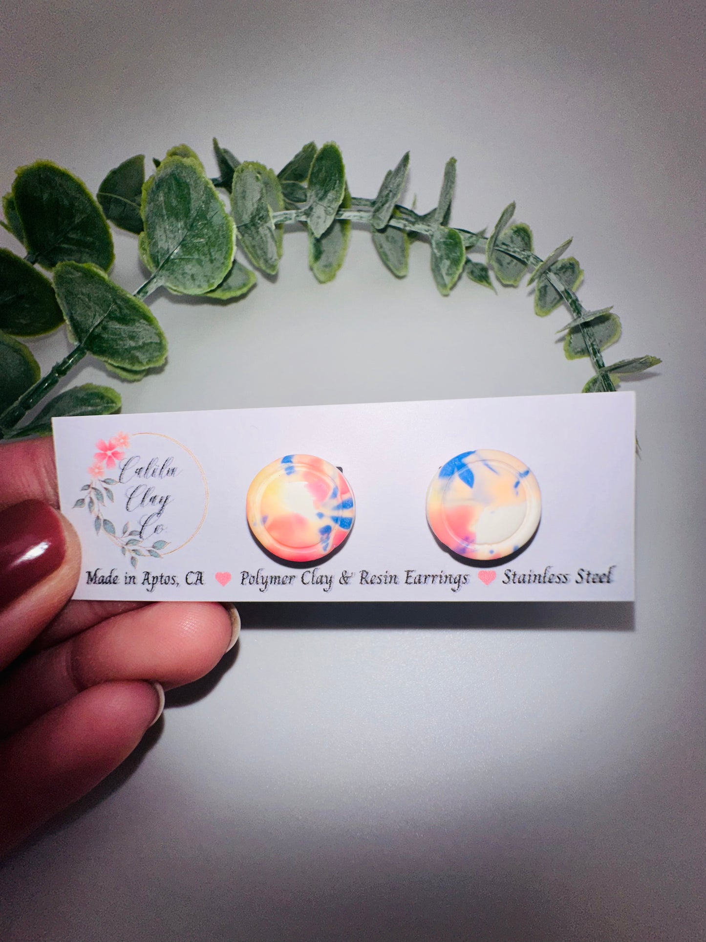 Round Matte Mokume Gane Abstract Leaves Round Studs
