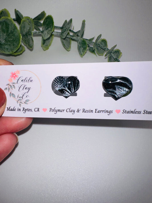 Black Heart Studs with Silver Leaves