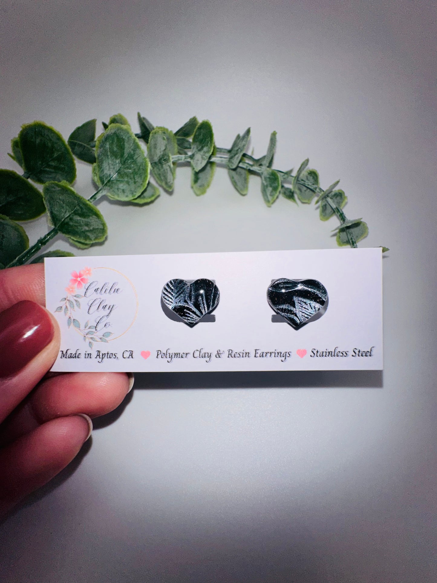 Black Heart Studs with Silver Leaves