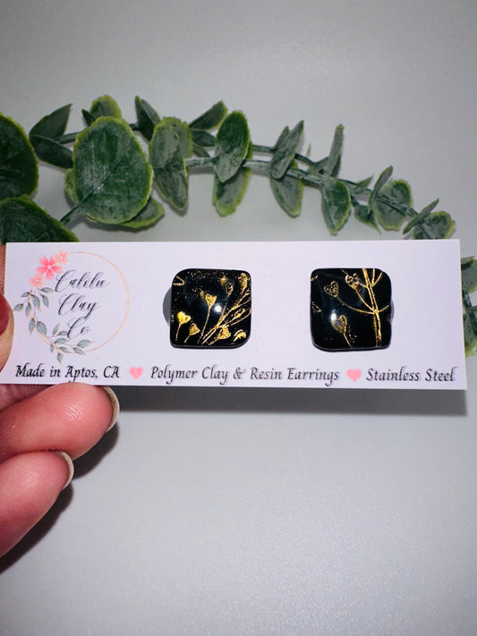 Black and Gold Floral Square Studs