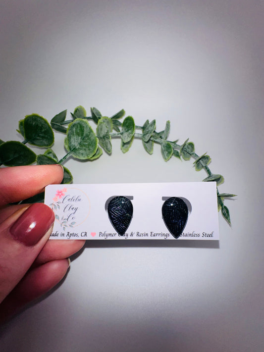 Black with Silver Shimmery Leaves Teardrop Studs