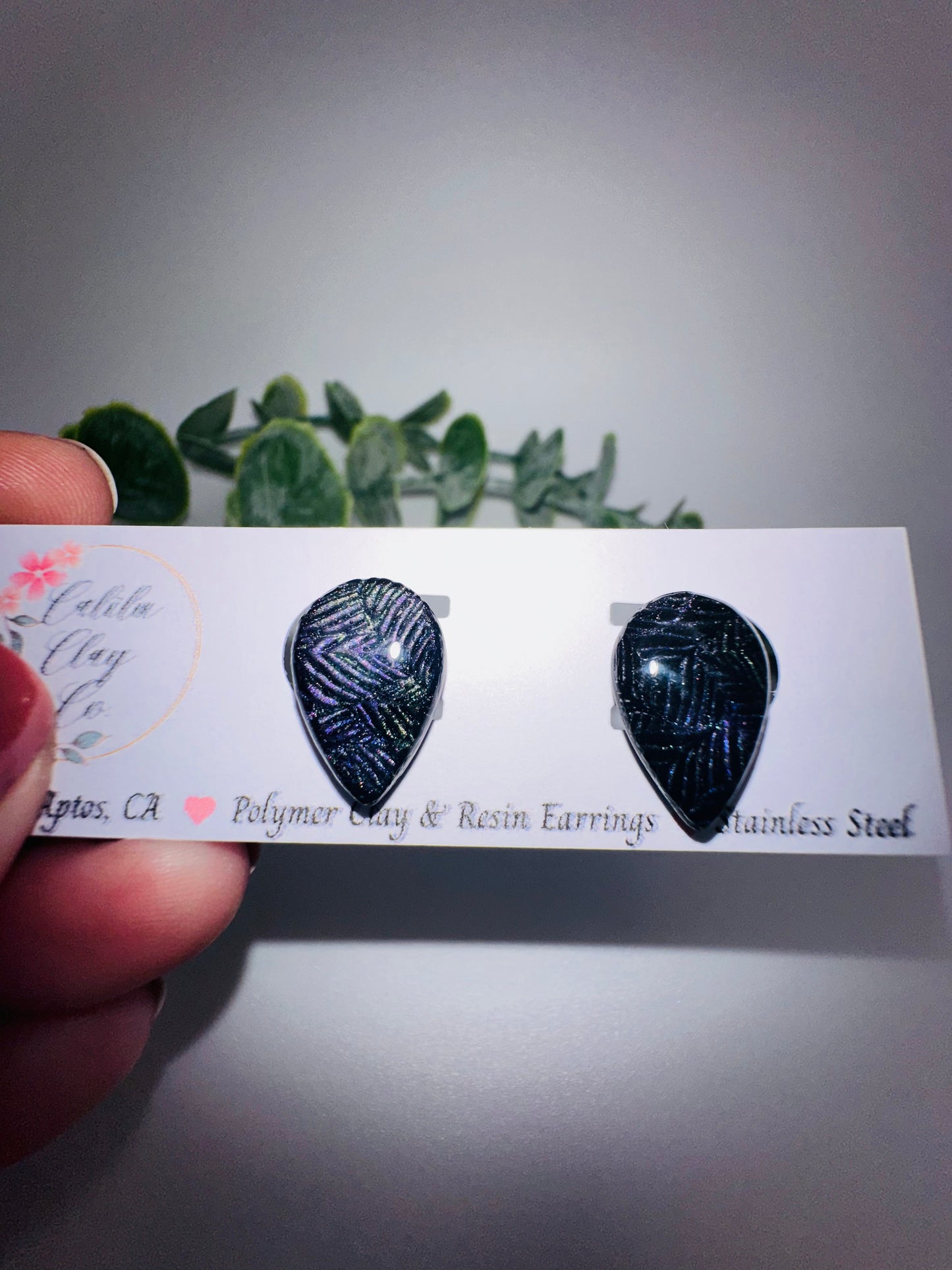 Black with Silver Shimmery Leaves Teardrop Studs