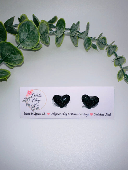 Black Heart Studs with Shimmery Leaf Pattern
