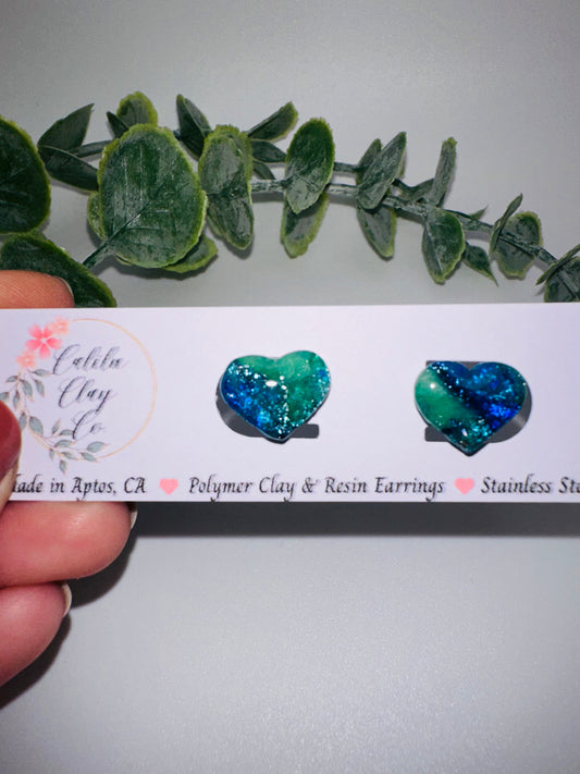 Sparkly Blue Marbled Heart Studs