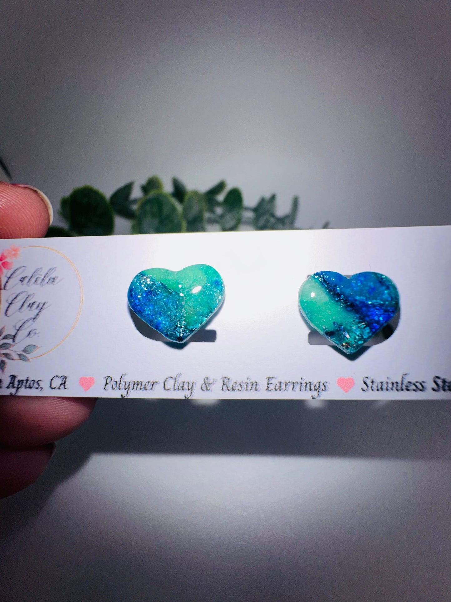 Sparkly Blue Marbled Heart Studs