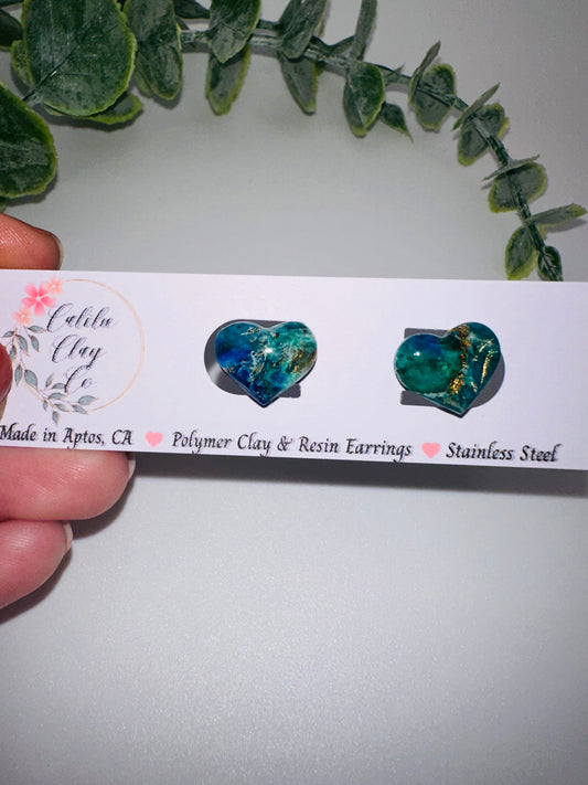 Ocean Marbled Heart Studs