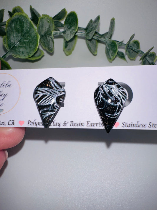 Black Studs with Silver Leaf Imprint