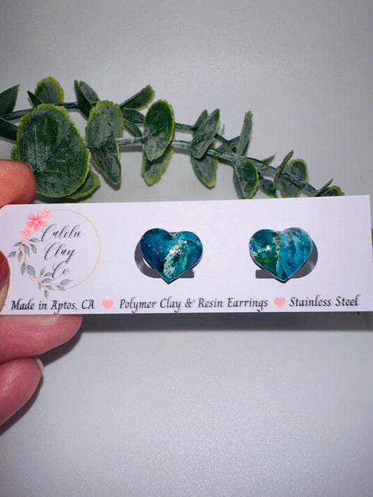 Ocean Marbled Heart Studs