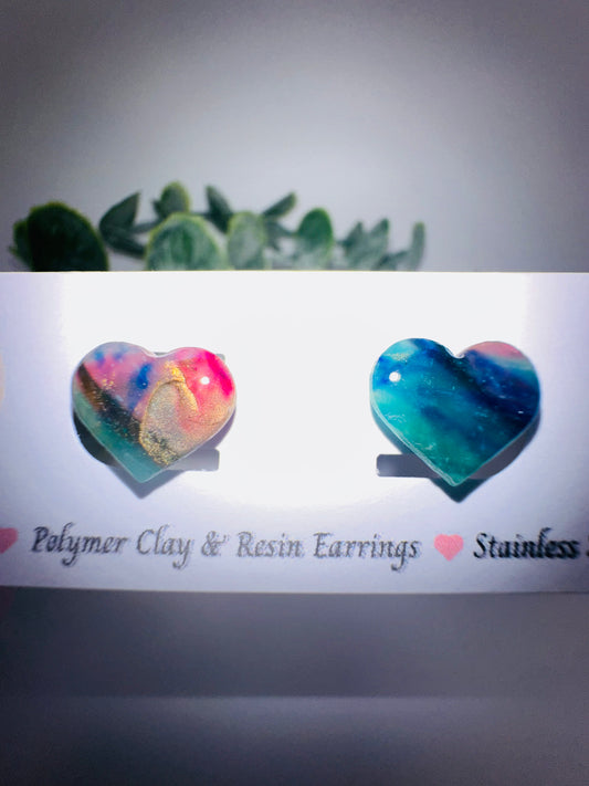 Rainbow Marbled Heart Studs