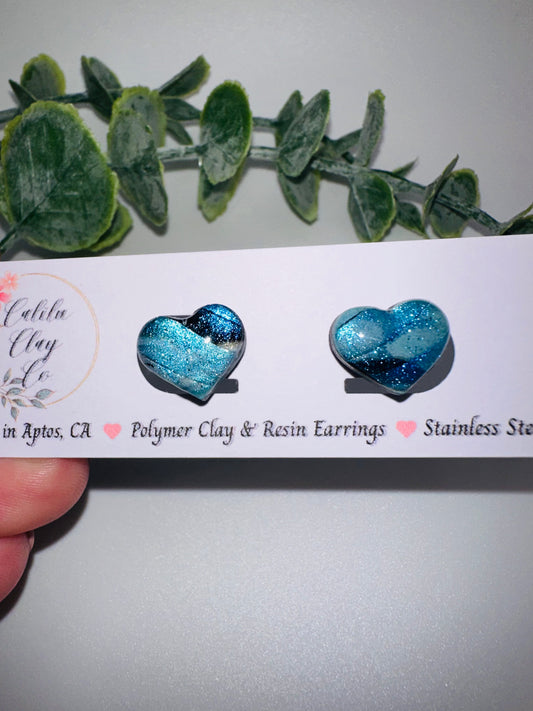 Sparkly Blue Heart Studs