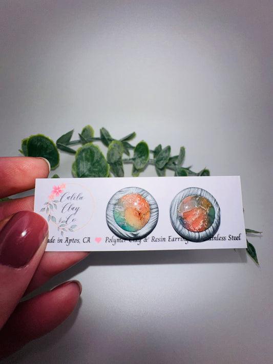 Round Marbled Pink and Blue Abstract Ocean Studs