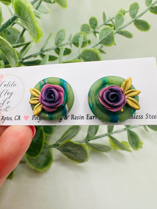 Purple Rose Studs with Marbled Green Bezel