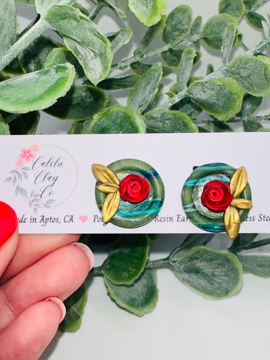 Red Rose Studs with Marbled Green Bezel