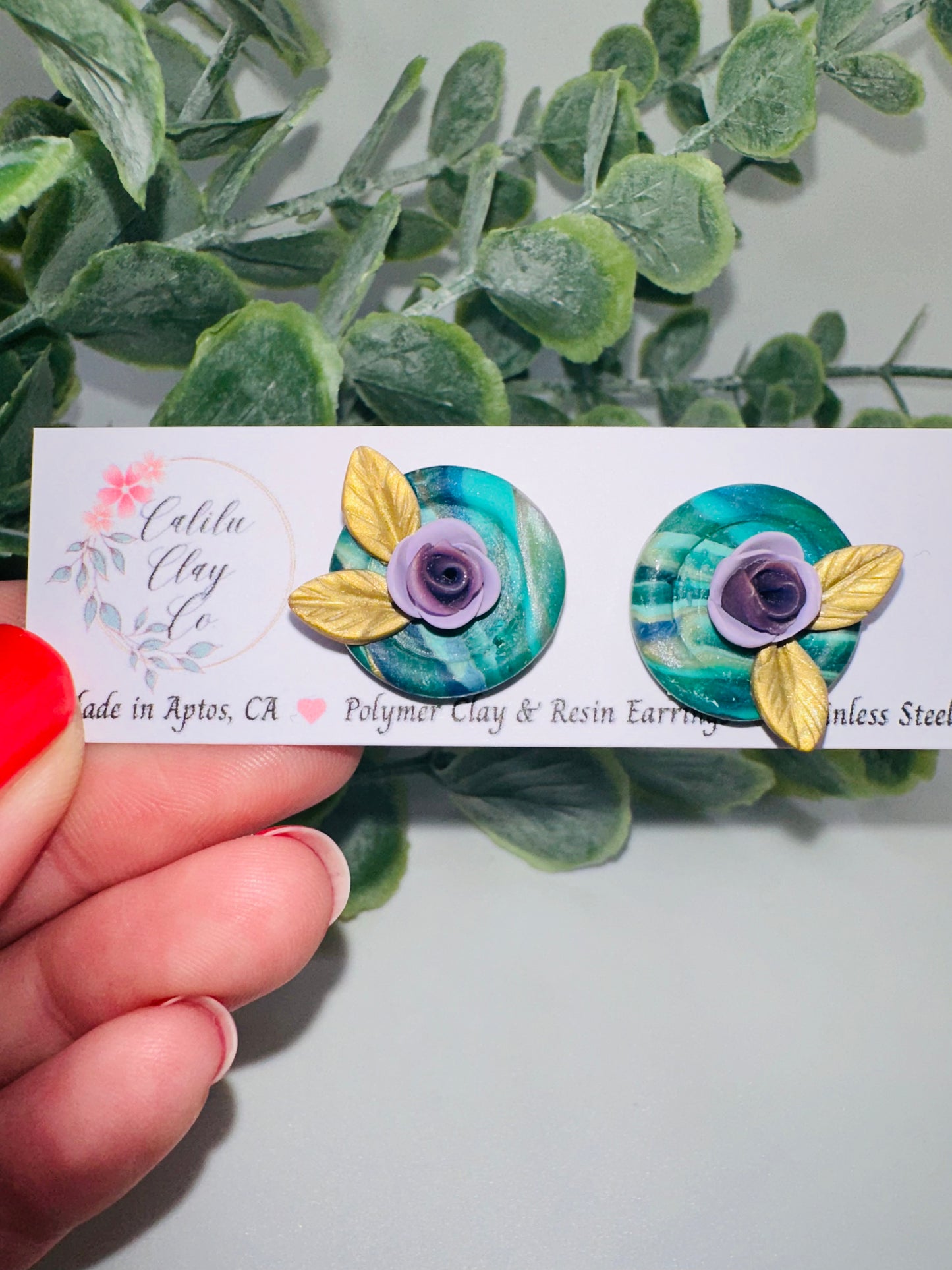 Purple Rose Studs 2 with Marbled Green Bezel