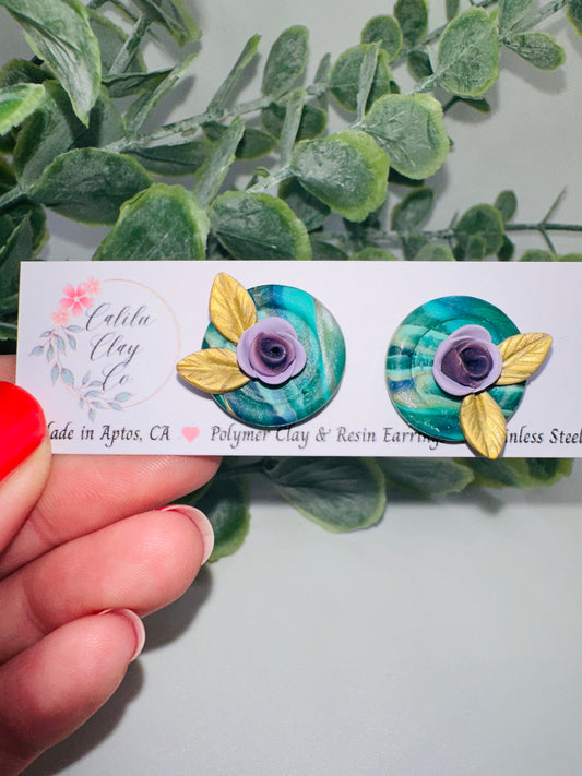 Purple Rose Studs 2 with Marbled Green Bezel