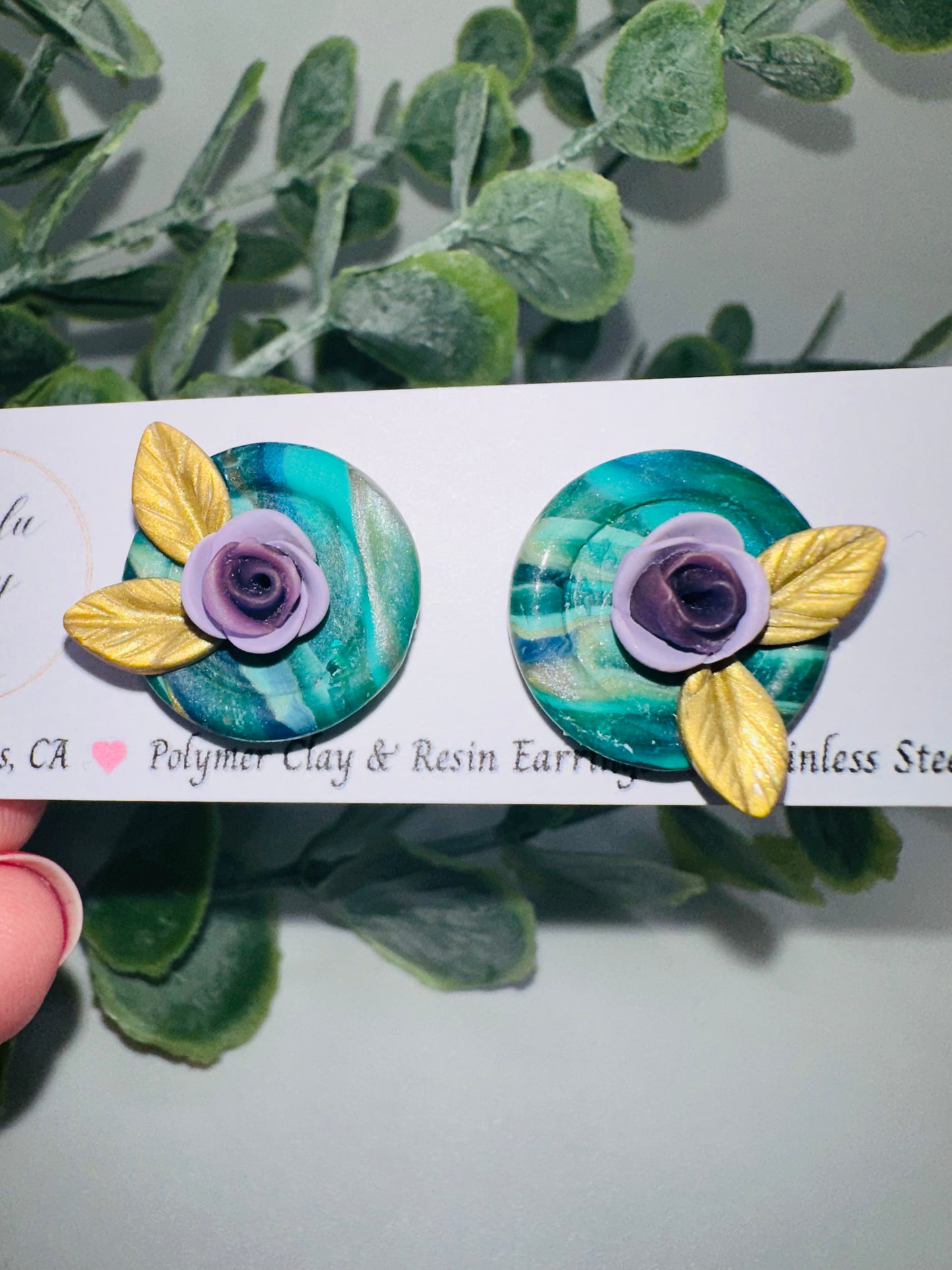 Purple Rose Studs 2 with Marbled Green Bezel