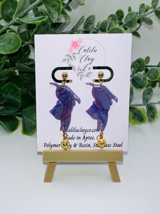 Purple Cat Chasing Ball Polymer Clay Dangle Earrings