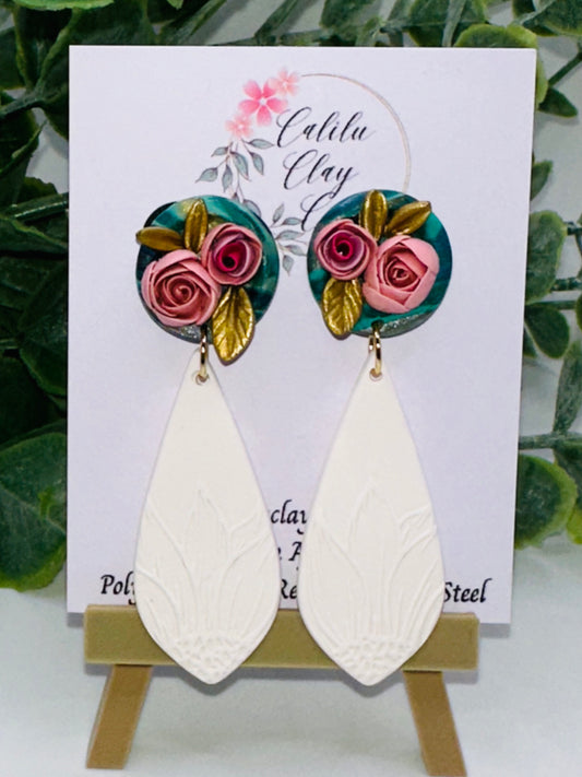 Sculpted Roses Studs with White Sunflower Dangles Polymer Clay Earrings
