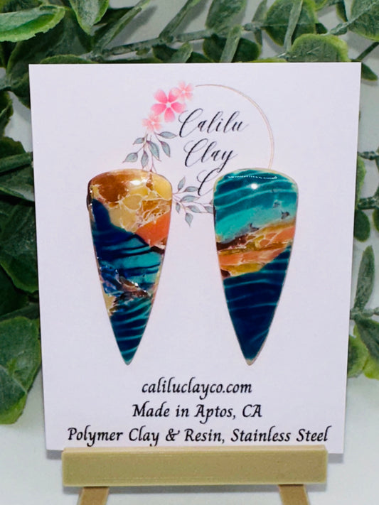 Ocean Waves and Seaglass Long Shield Stud Earrings