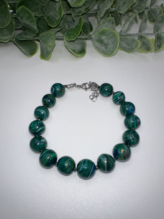 Hand-Rolled Marbled Teal Swirl Beads Bracelet