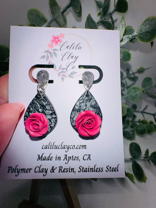 Pink Rose Teardrop Dangles