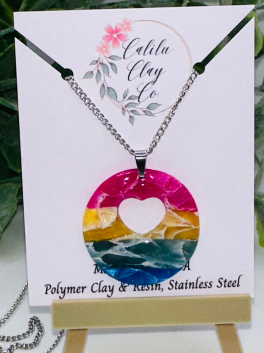 Round Rainbow Pendant with Heart Cutout Necklace