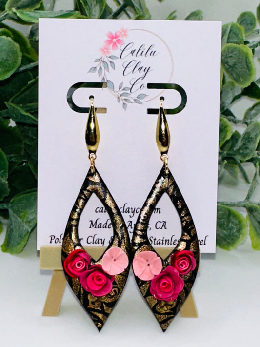 Sculpted Roses on Long Gold and Black Dangles