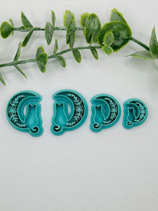 Cat on Floral Moon Cookie Cutter / Polymer Clay Cutter