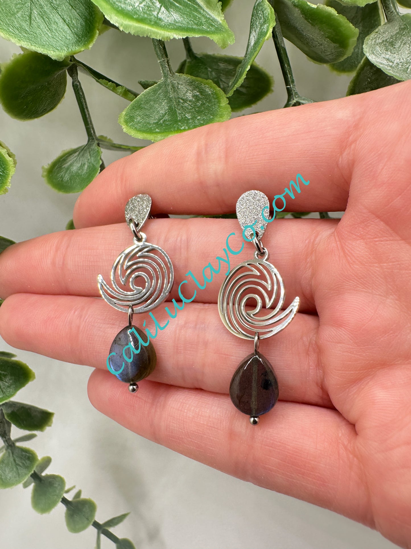 Stainless Steel Waves & Labradorite Teardrop Earrings