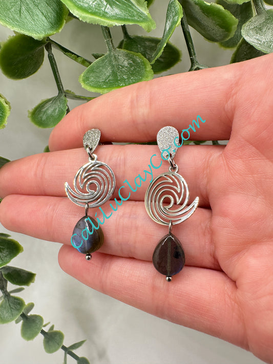 Stainless Steel Waves & Labradorite Teardrop Earrings