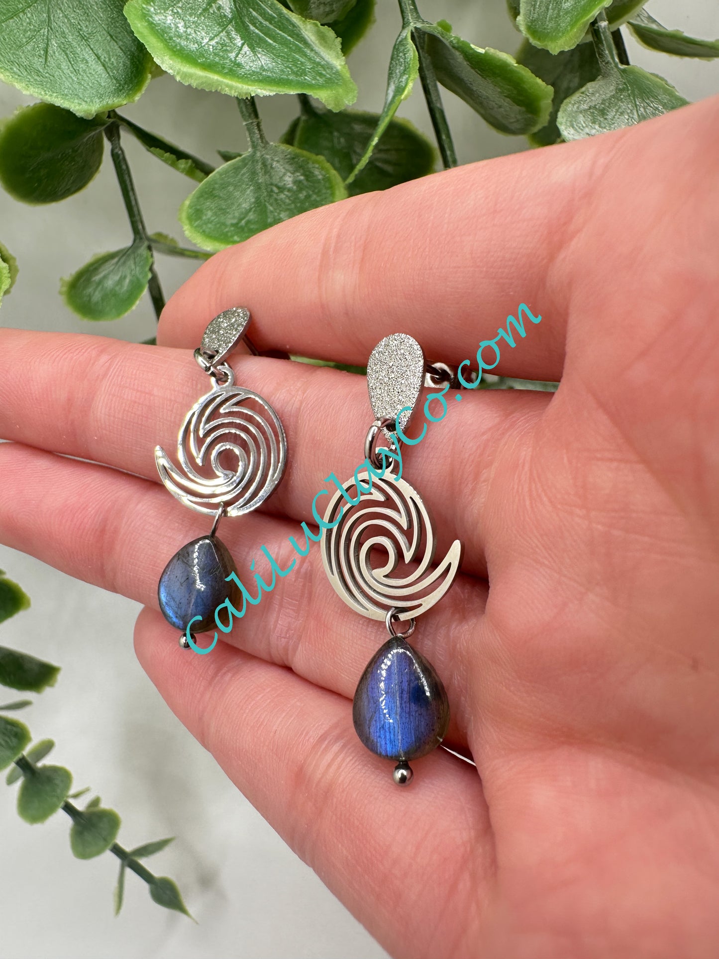 Stainless Steel Waves & Labradorite Teardrop Earrings