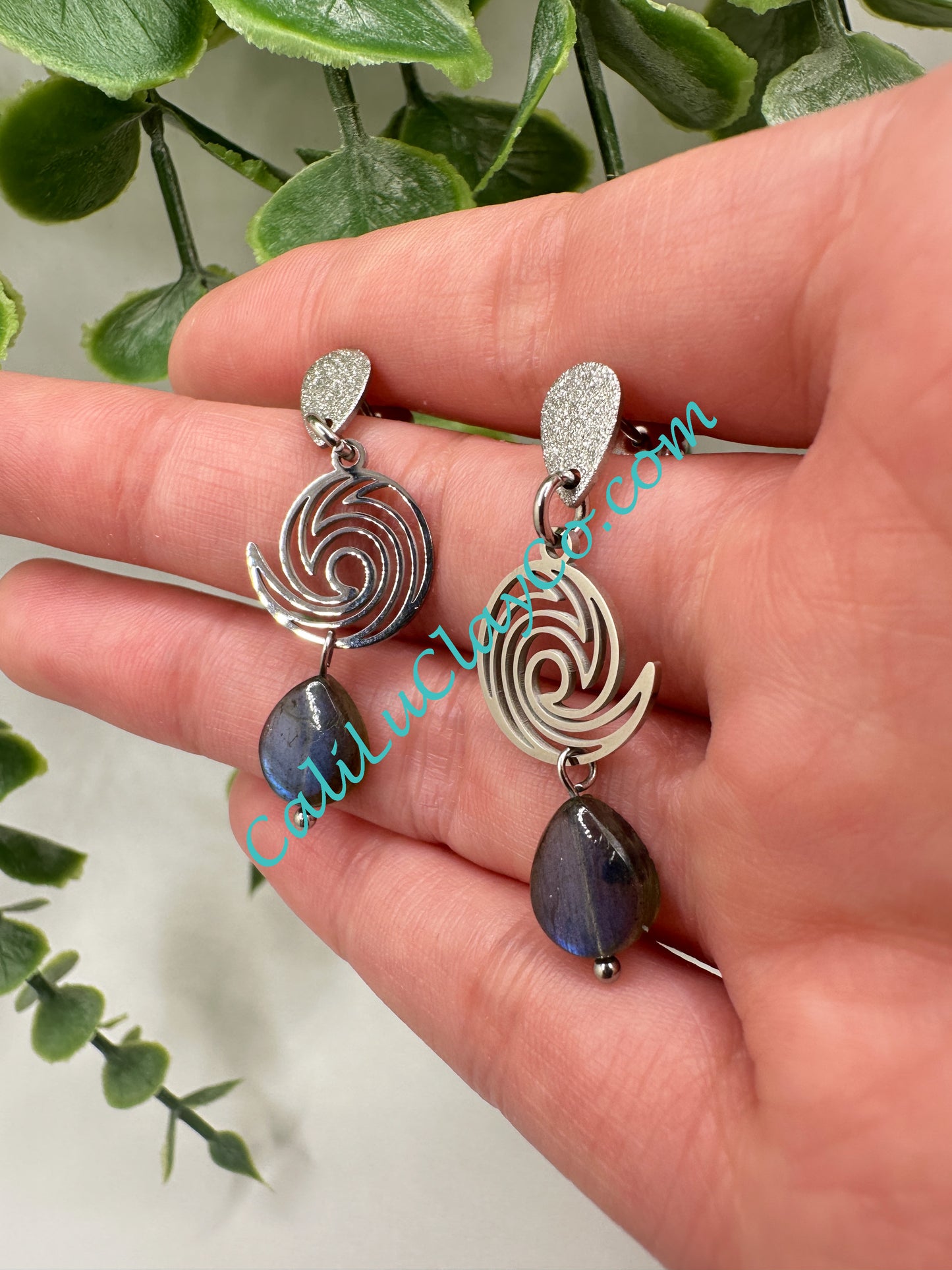 Stainless Steel Waves & Labradorite Teardrop Earrings