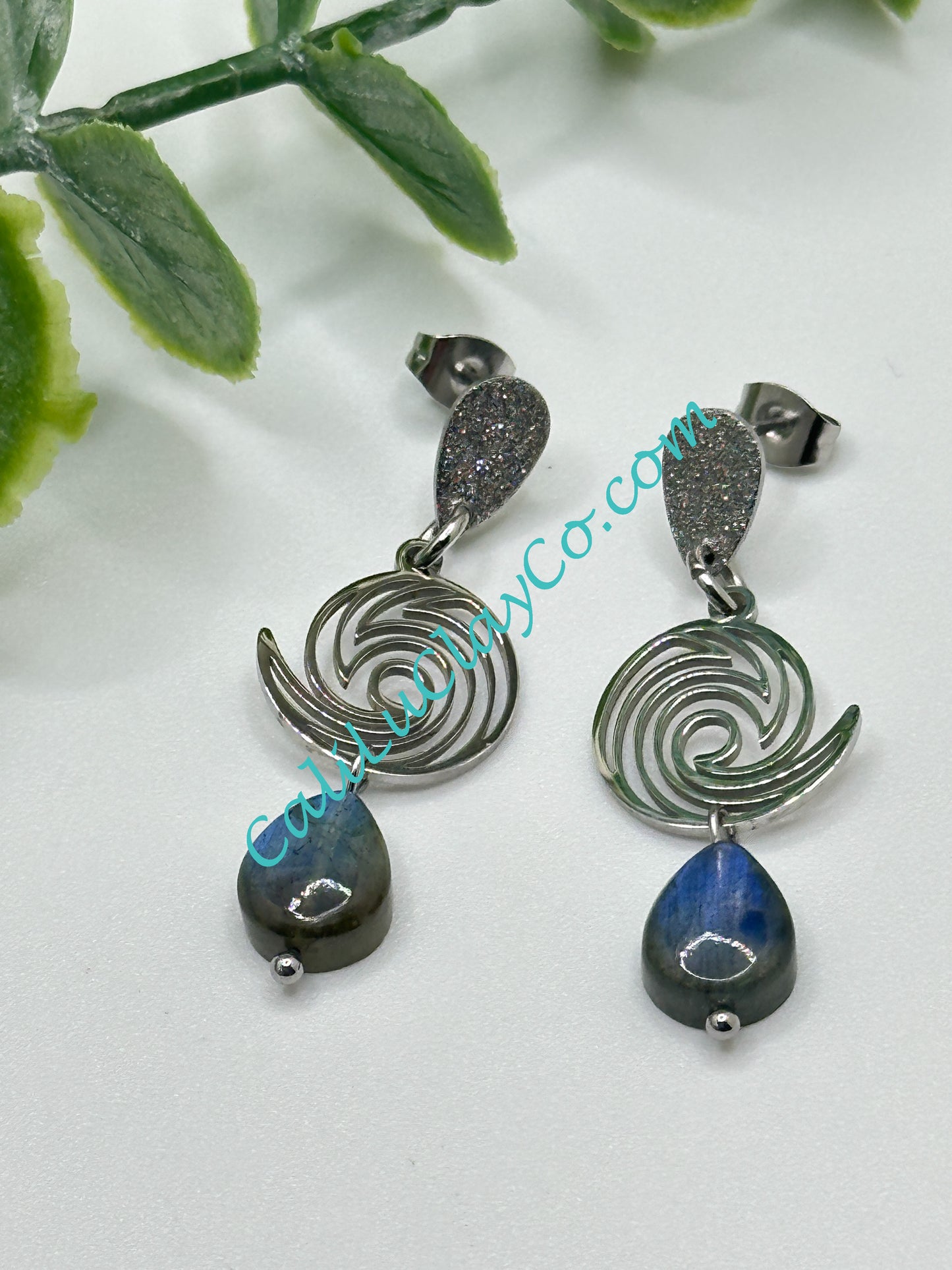 Stainless Steel Waves & Labradorite Teardrop Earrings