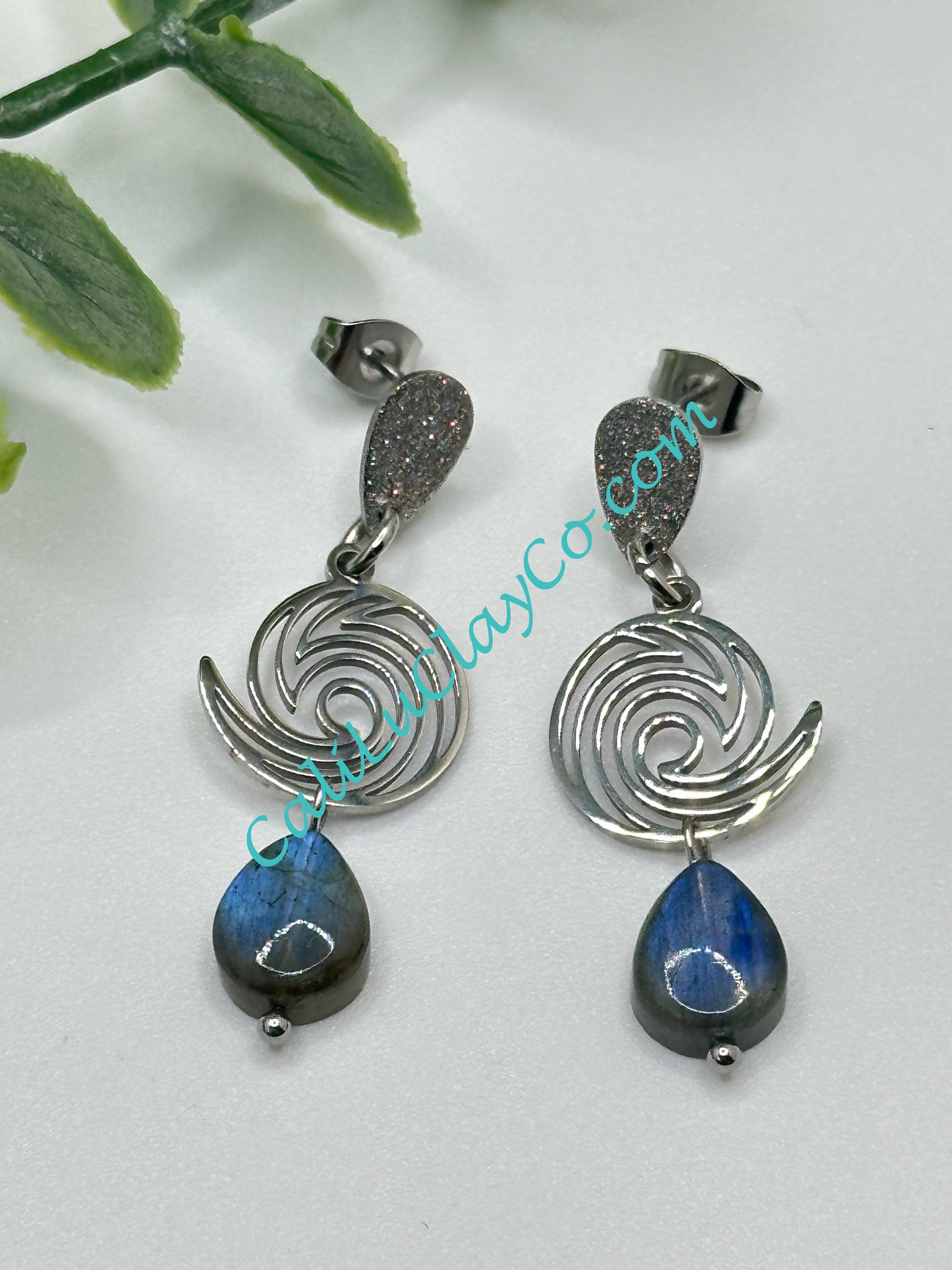 Stainless Steel Waves & Labradorite Teardrop Earrings