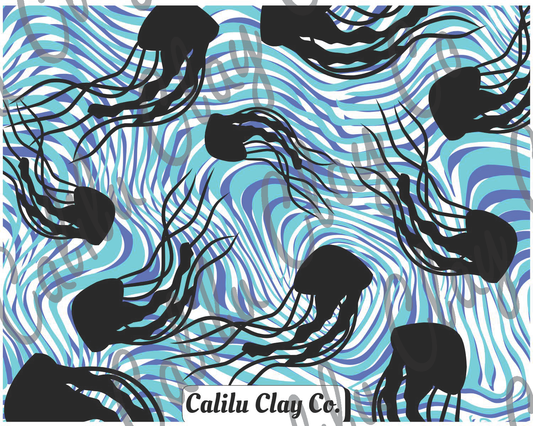 Jellyfish and Teal Swirls Polymer Clay Water-Soluble Transfer Sheet