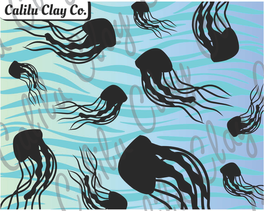 Jellyfish and Teal Wavy Lines Polymer Clay Water-Soluble Transfer Sheet