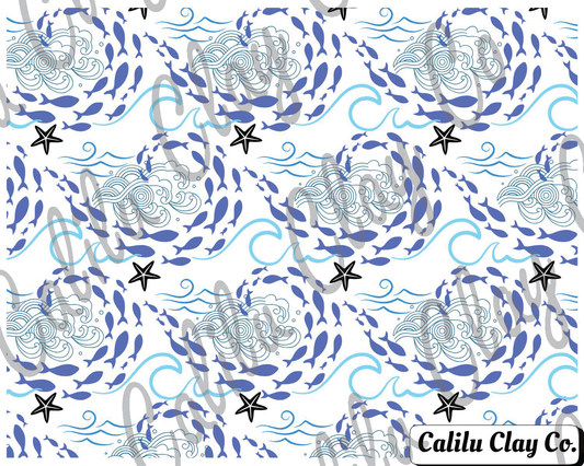 Fish Waves Polymer Clay Water-Soluble Transfer Sheet