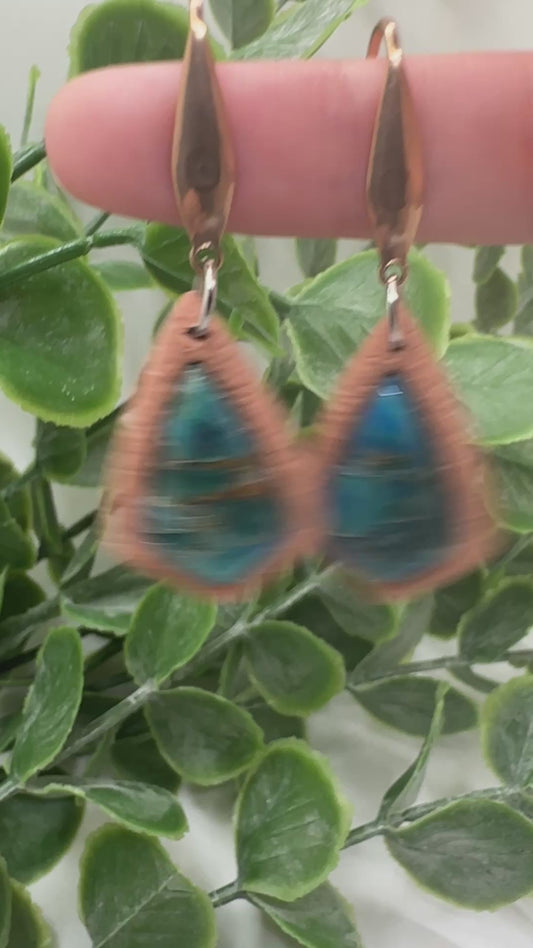 Blue Ocean Marbled Stone Shield Dangles Earrings